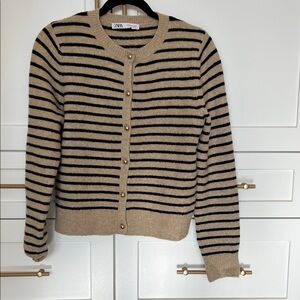 Zara navy and Tan Striped Women's Sweater
